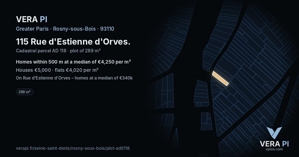 115 Rue d'Estienne d'Orves, Rosny-sous-Bois at night – the plot lit, the parcels around coloured by the prices near them