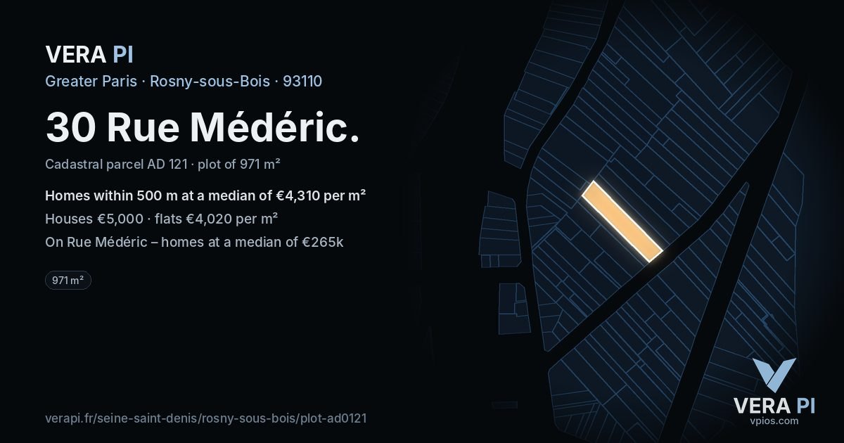 30 Rue Médéric, Rosny-sous-Bois at night – the plot lit, the parcels around coloured by the prices near them