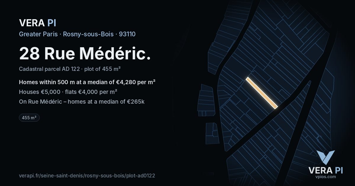 28 Rue Médéric, Rosny-sous-Bois at night – the plot lit, the parcels around coloured by the prices near them
