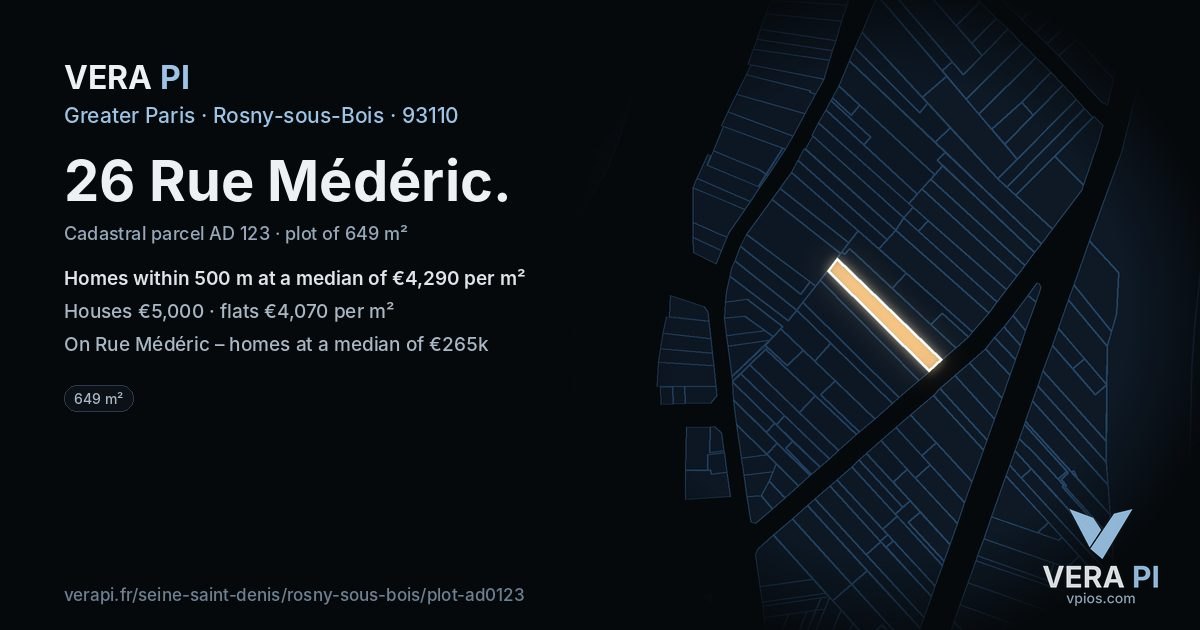 26 Rue Médéric, Rosny-sous-Bois at night – the plot lit, the parcels around coloured by the prices near them