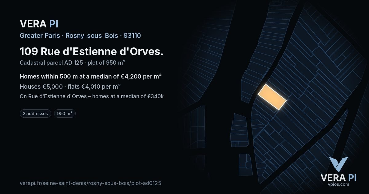109 Rue d'Estienne d'Orves, Rosny-sous-Bois at night – the plot lit, the parcels around coloured by the prices near them