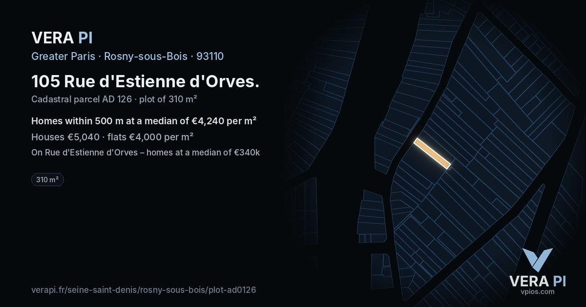105 Rue d'Estienne d'Orves, Rosny-sous-Bois at night – the plot lit, the parcels around coloured by the prices near them