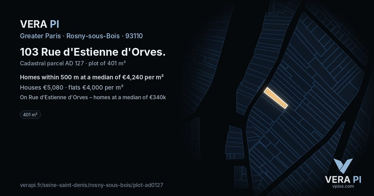 103 Rue d'Estienne d'Orves, Rosny-sous-Bois at night – the plot lit, the parcels around coloured by the prices near them
