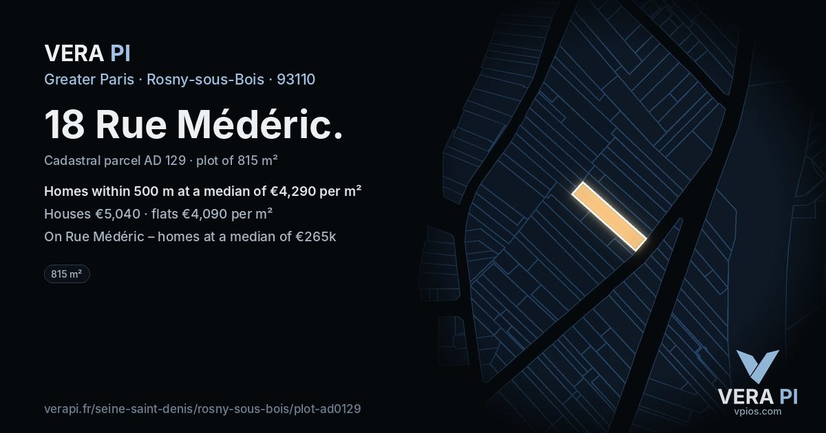 18 Rue Médéric, Rosny-sous-Bois at night – the plot lit, the parcels around coloured by the prices near them