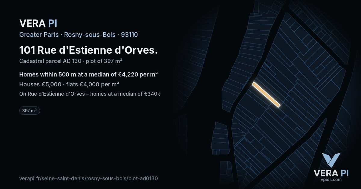101 Rue d'Estienne d'Orves, Rosny-sous-Bois at night – the plot lit, the parcels around coloured by the prices near them
