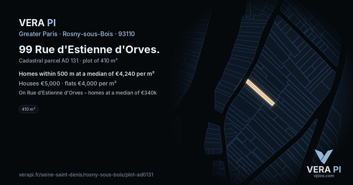 99 Rue d'Estienne d'Orves, Rosny-sous-Bois at night – the plot lit, the parcels around coloured by the prices near them