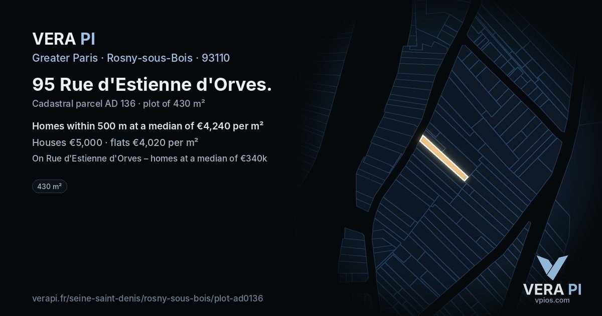 95 Rue d'Estienne d'Orves, Rosny-sous-Bois at night – the plot lit, the parcels around coloured by the prices near them