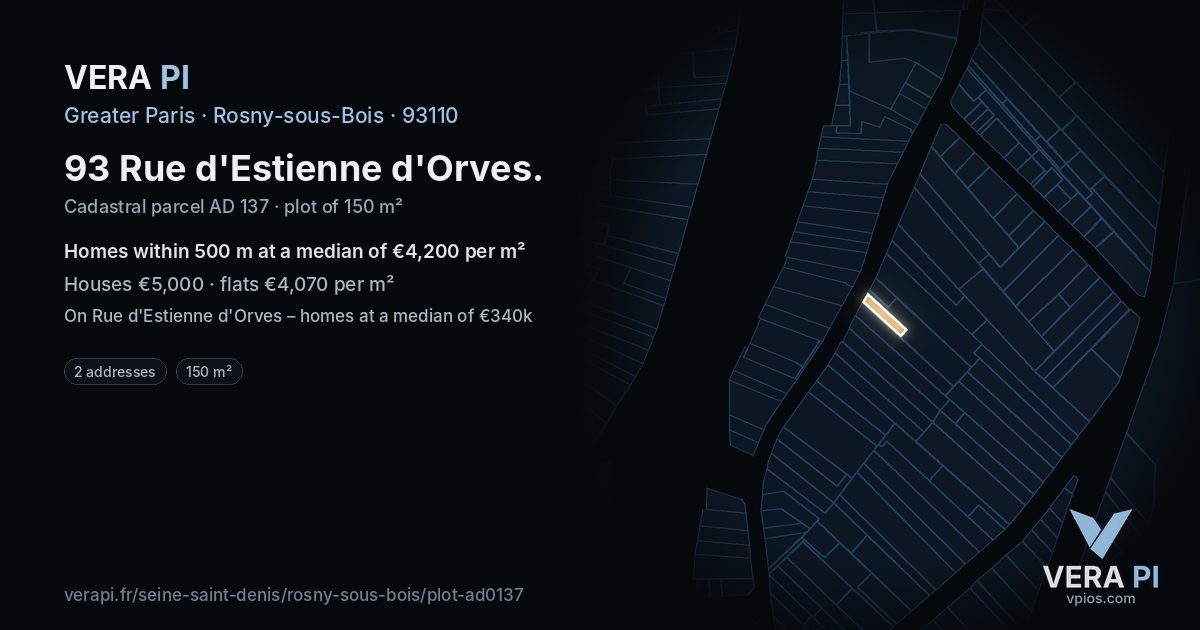 93 Rue d'Estienne d'Orves, Rosny-sous-Bois at night – the plot lit, the parcels around coloured by the prices near them