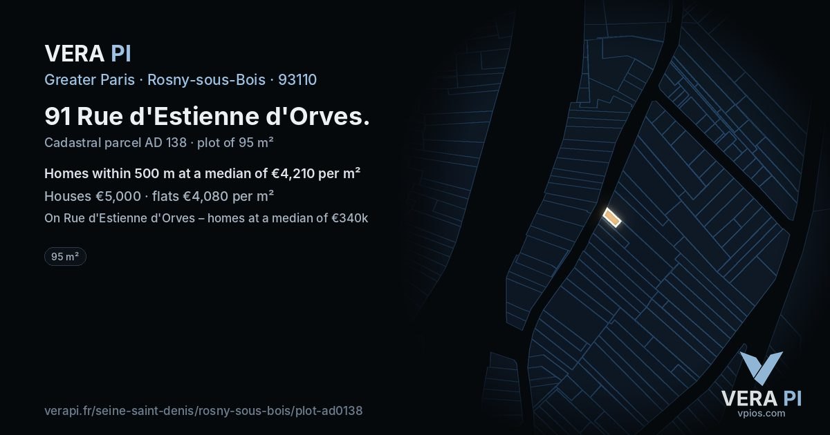 91 Rue d'Estienne d'Orves, Rosny-sous-Bois at night – the plot lit, the parcels around coloured by the prices near them