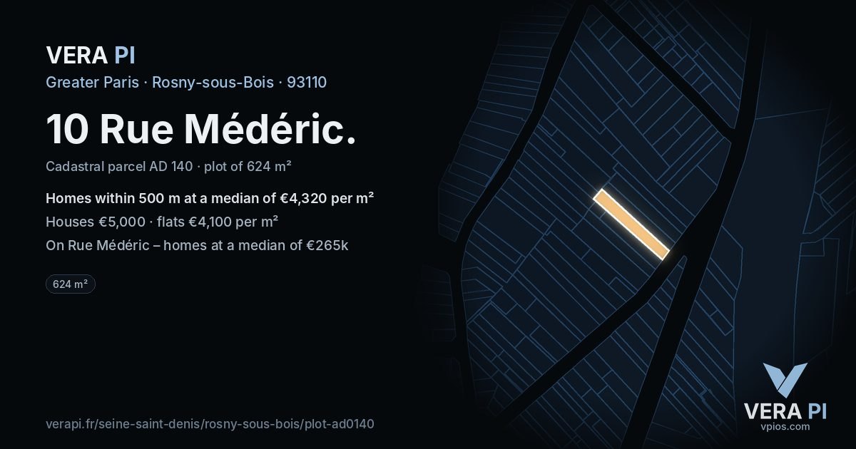 10 Rue Médéric, Rosny-sous-Bois at night – the plot lit, the parcels around coloured by the prices near them
