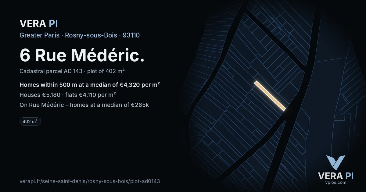6 Rue Médéric, Rosny-sous-Bois at night – the plot lit, the parcels around coloured by the prices near them