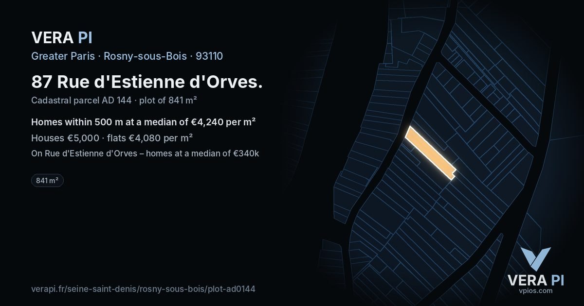 87 Rue d'Estienne d'Orves, Rosny-sous-Bois at night – the plot lit, the parcels around coloured by the prices near them