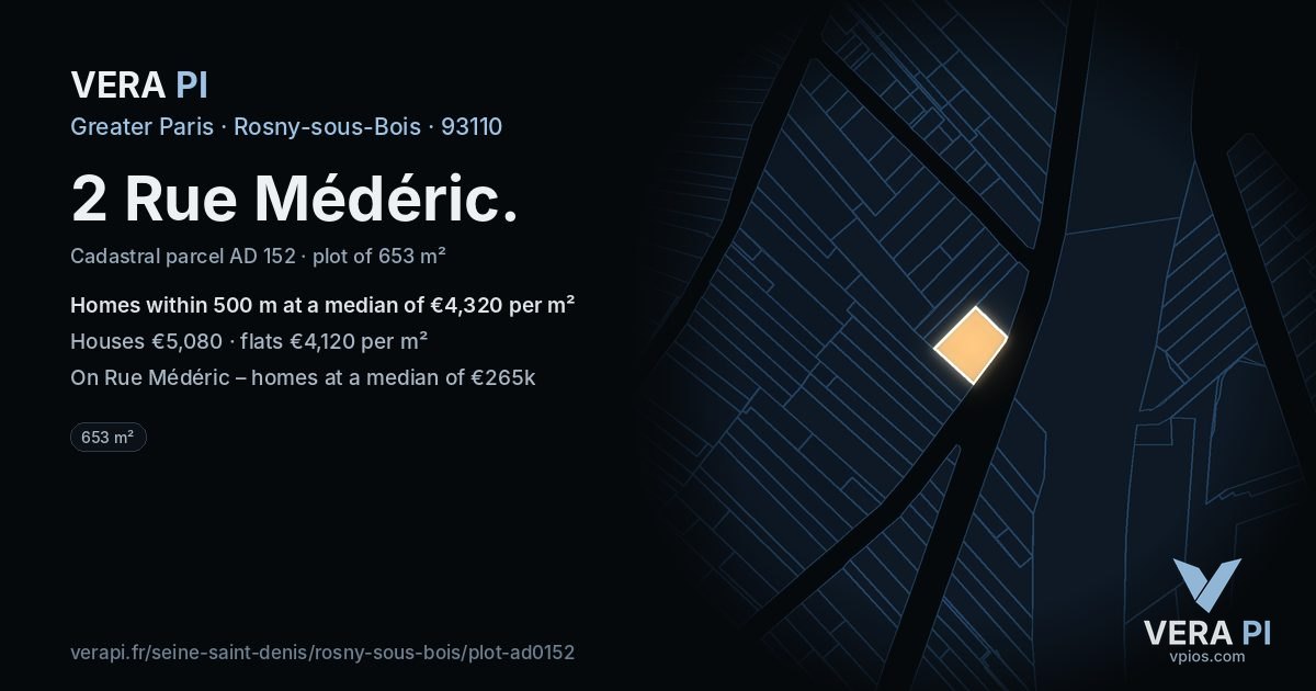 2 Rue Médéric, Rosny-sous-Bois at night – the plot lit, the parcels around coloured by the prices near them