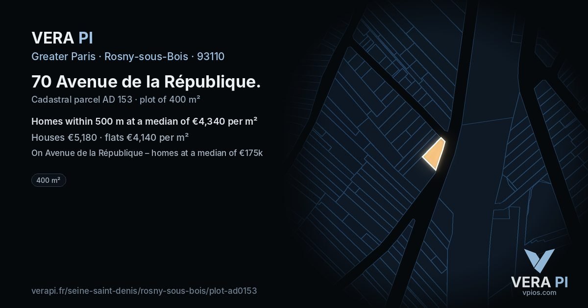 70 Avenue de la République, Rosny-sous-Bois at night – the plot lit, the parcels around coloured by the prices near them