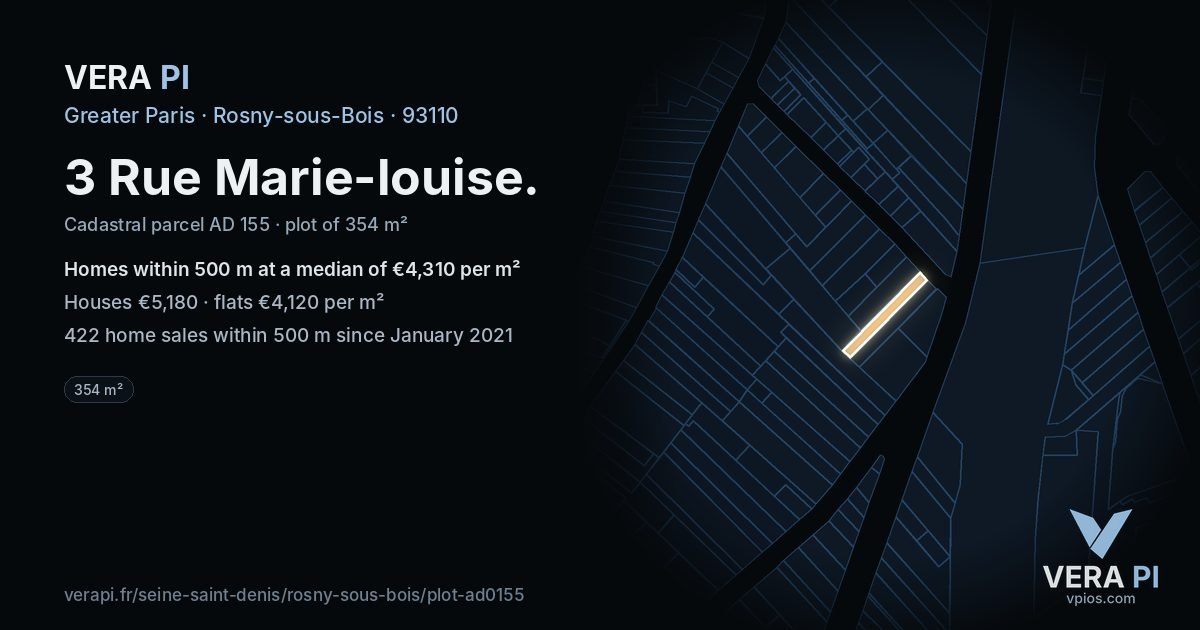 3 Rue Marie-louise, Rosny-sous-Bois at night – the plot lit, the parcels around coloured by the prices near them