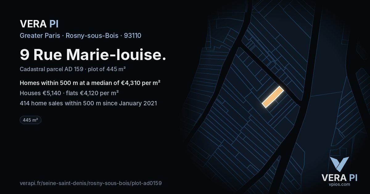 9 Rue Marie-louise, Rosny-sous-Bois at night – the plot lit, the parcels around coloured by the prices near them