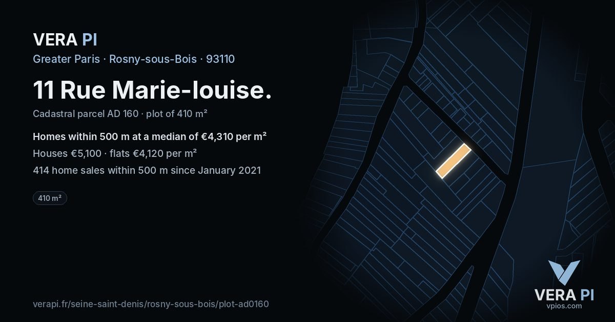 11 Rue Marie-louise, Rosny-sous-Bois at night – the plot lit, the parcels around coloured by the prices near them