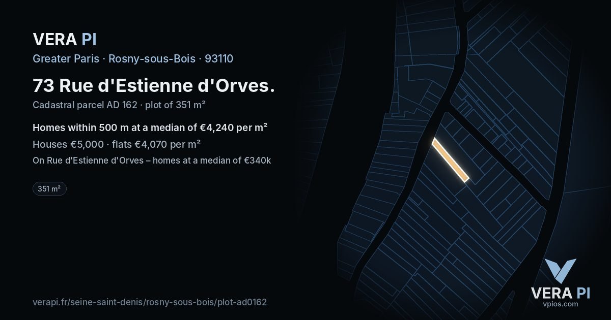 73 Rue d'Estienne d'Orves, Rosny-sous-Bois at night – the plot lit, the parcels around coloured by the prices near them