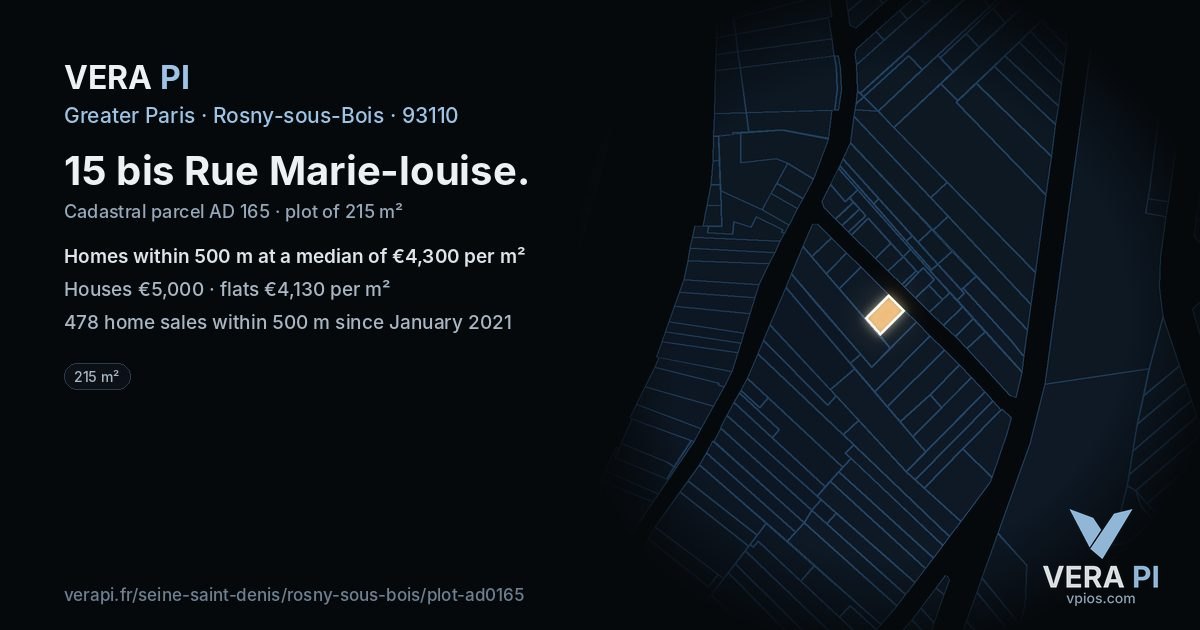 15 bis Rue Marie-louise, Rosny-sous-Bois at night – the plot lit, the parcels around coloured by the prices near them