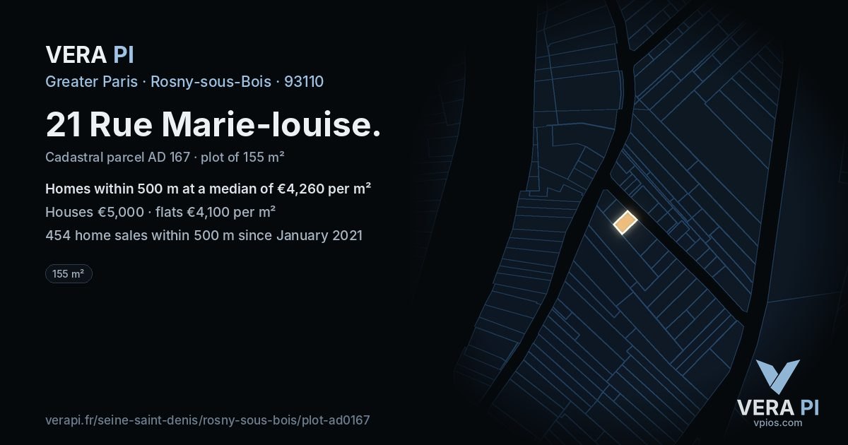 21 Rue Marie-louise, Rosny-sous-Bois at night – the plot lit, the parcels around coloured by the prices near them