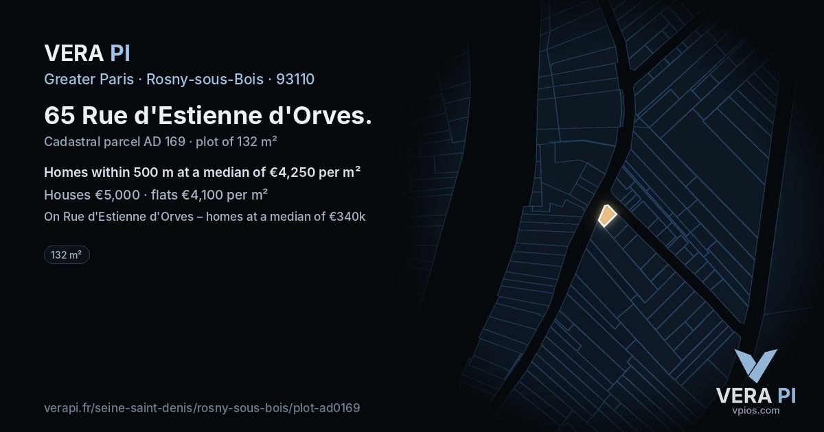 65 Rue d'Estienne d'Orves, Rosny-sous-Bois at night – the plot lit, the parcels around coloured by the prices near them