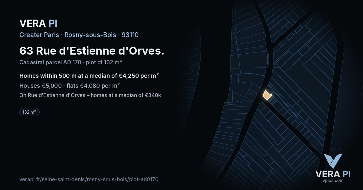 63 Rue d'Estienne d'Orves, Rosny-sous-Bois at night – the plot lit, the parcels around coloured by the prices near them
