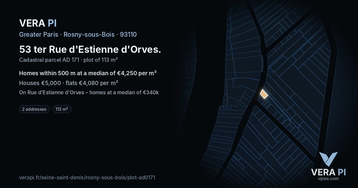 53 ter Rue d'Estienne d'Orves, Rosny-sous-Bois at night – the plot lit, the parcels around coloured by the prices near them