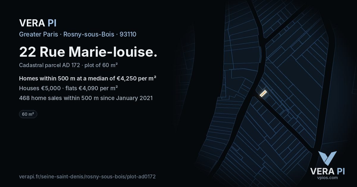 22 Rue Marie-louise, Rosny-sous-Bois at night – the plot lit, the parcels around coloured by the prices near them