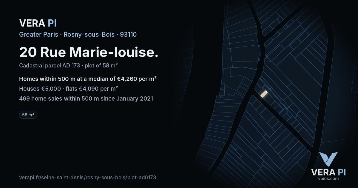 20 Rue Marie-louise, Rosny-sous-Bois at night – the plot lit, the parcels around coloured by the prices near them