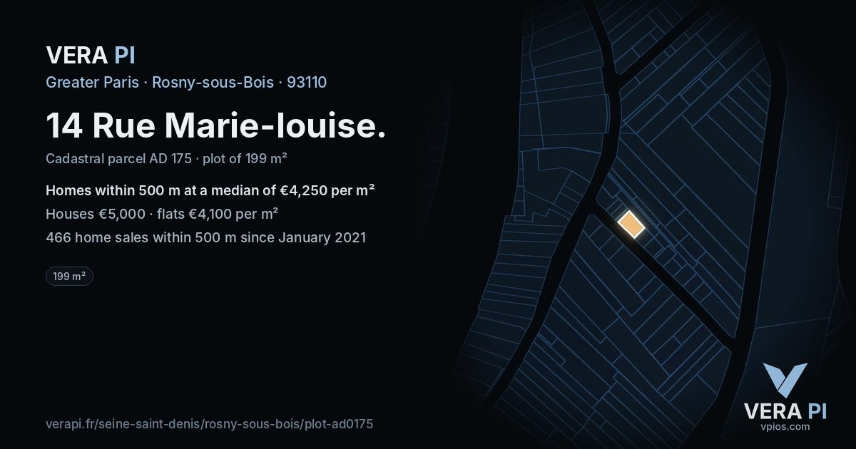 14 Rue Marie-louise, Rosny-sous-Bois at night – the plot lit, the parcels around coloured by the prices near them