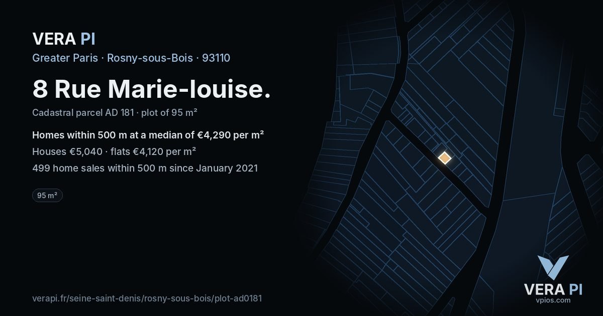 8 Rue Marie-louise, Rosny-sous-Bois at night – the plot lit, the parcels around coloured by the prices near them