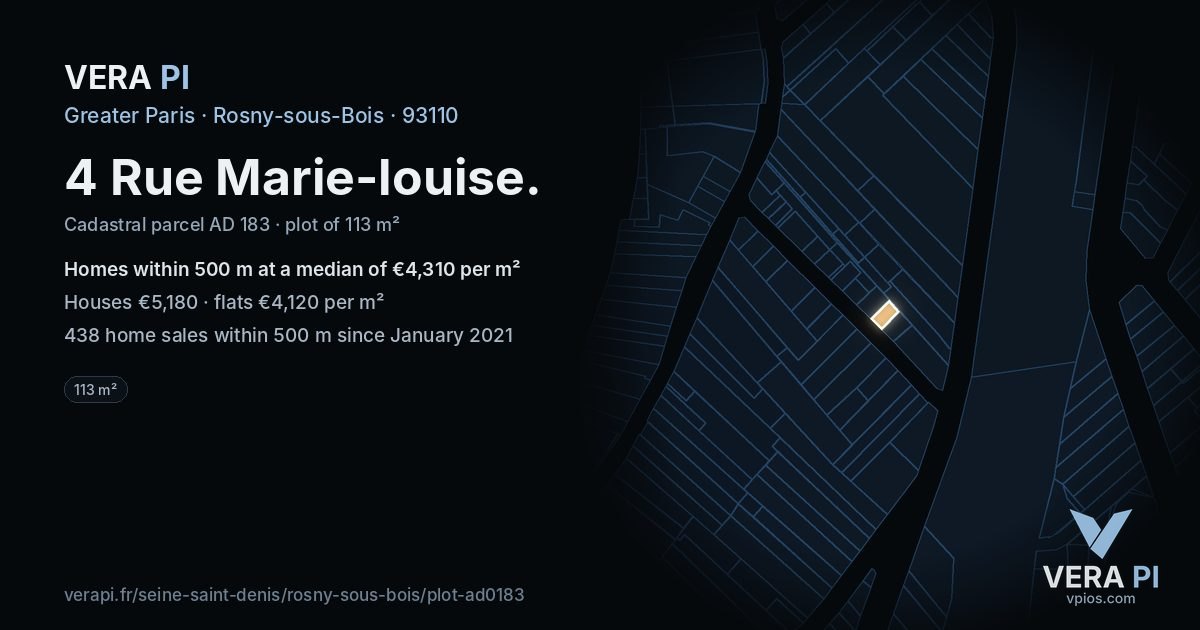 4 Rue Marie-louise, Rosny-sous-Bois at night – the plot lit, the parcels around coloured by the prices near them