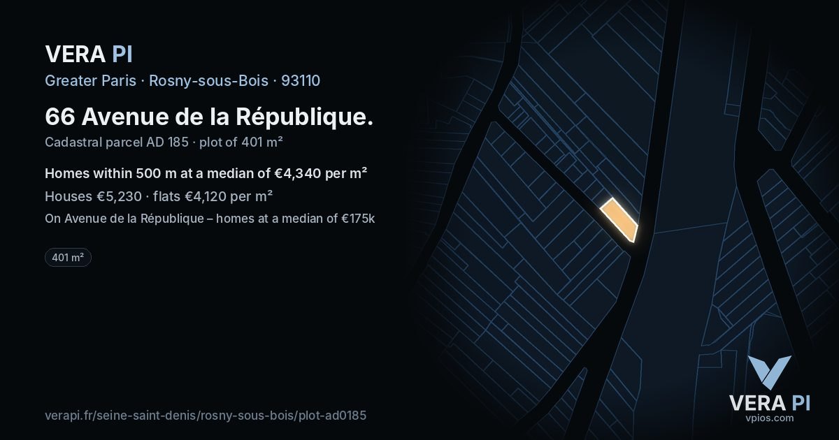 66 Avenue de la République, Rosny-sous-Bois at night – the plot lit, the parcels around coloured by the prices near them