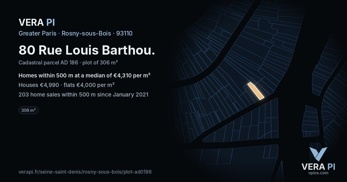 80 Rue Louis Barthou, Rosny-sous-Bois at night – the plot lit, the parcels around coloured by the prices near them