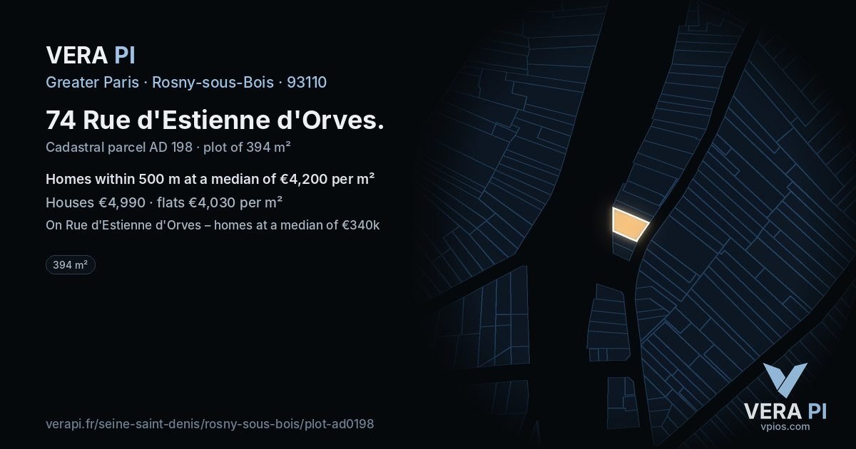 74 Rue d'Estienne d'Orves, Rosny-sous-Bois at night – the plot lit, the parcels around coloured by the prices near them