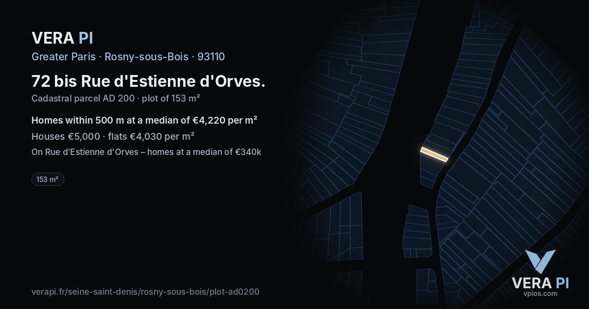 72 bis Rue d'Estienne d'Orves, Rosny-sous-Bois at night – the plot lit, the parcels around coloured by the prices near them