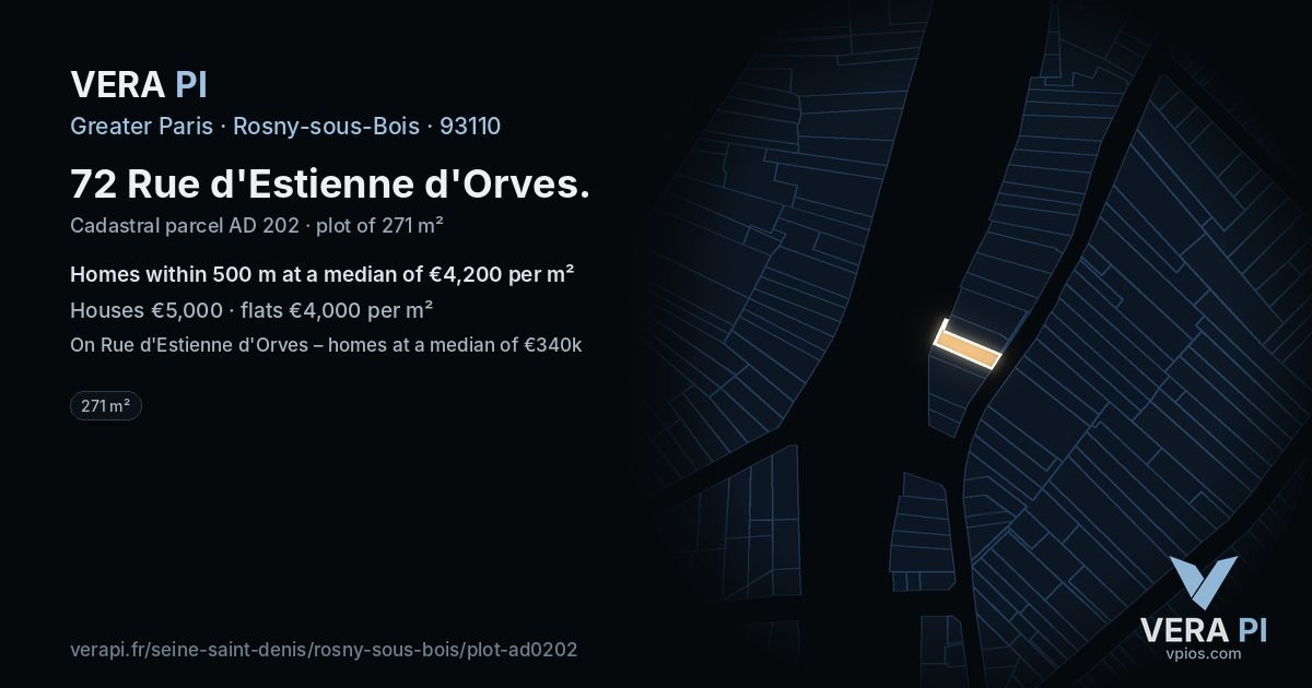 72 Rue d'Estienne d'Orves, Rosny-sous-Bois at night – the plot lit, the parcels around coloured by the prices near them