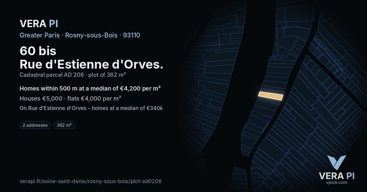 60 bis Rue d'Estienne d'Orves, Rosny-sous-Bois at night – the plot lit, the parcels around coloured by the prices near them