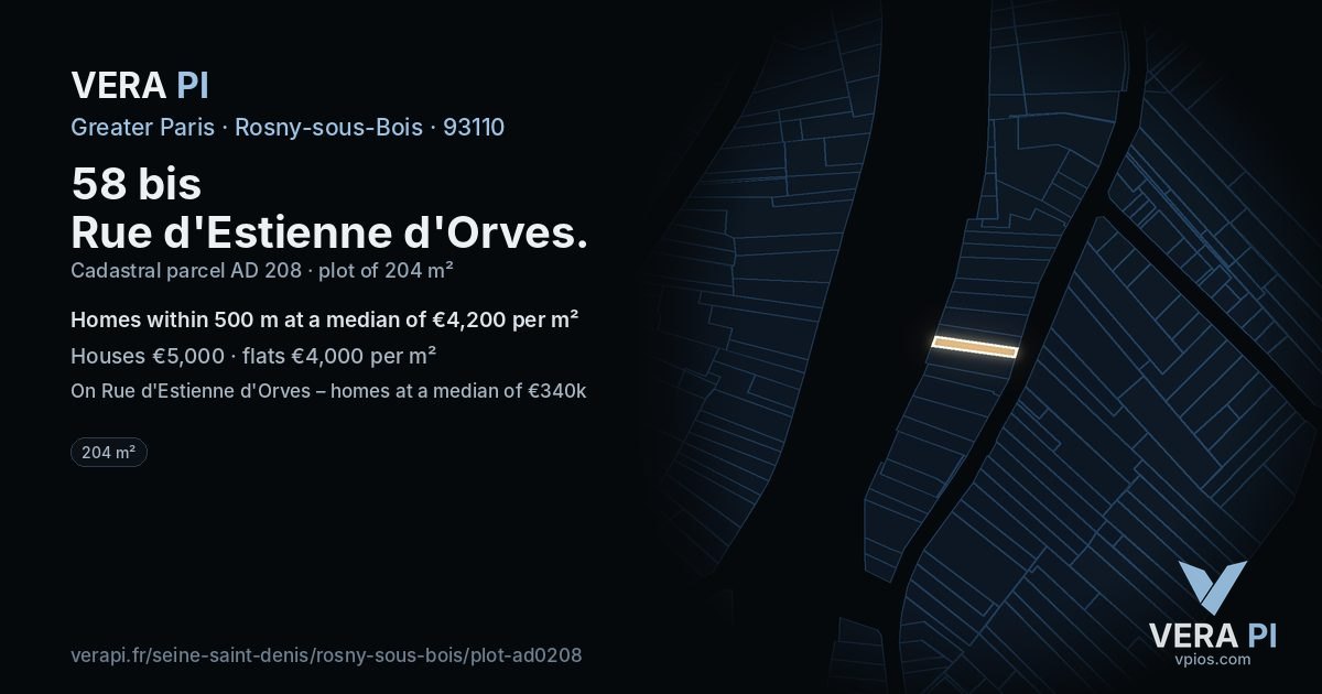 58 bis Rue d'Estienne d'Orves, Rosny-sous-Bois at night – the plot lit, the parcels around coloured by the prices near them