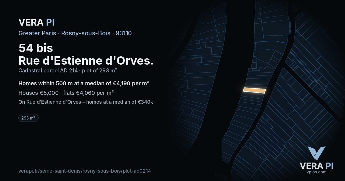 54 bis Rue d'Estienne d'Orves, Rosny-sous-Bois at night – the plot lit, the parcels around coloured by the prices near them