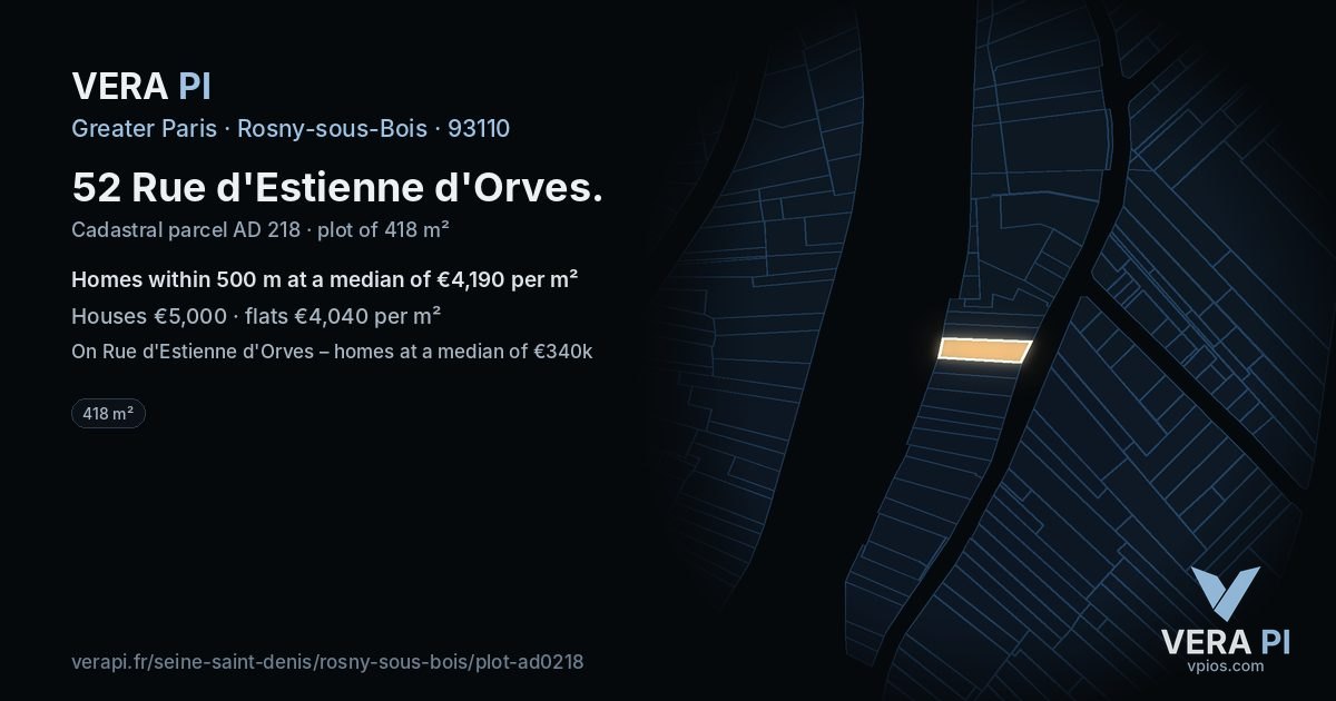 52 Rue d'Estienne d'Orves, Rosny-sous-Bois at night – the plot lit, the parcels around coloured by the prices near them