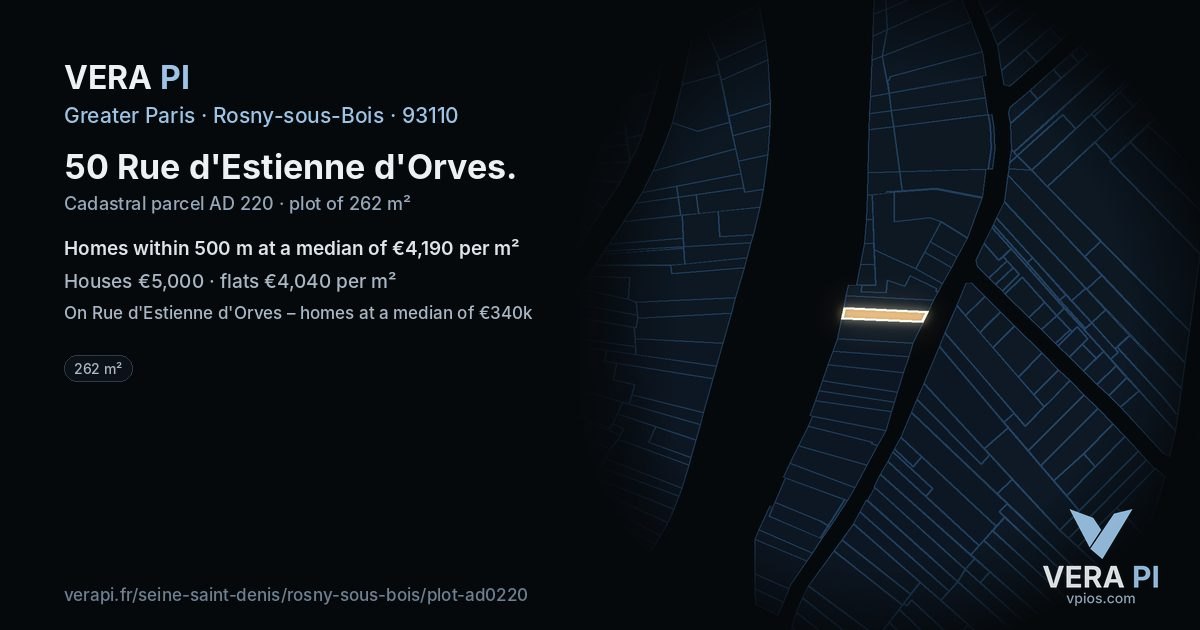 50 Rue d'Estienne d'Orves, Rosny-sous-Bois at night – the plot lit, the parcels around coloured by the prices near them