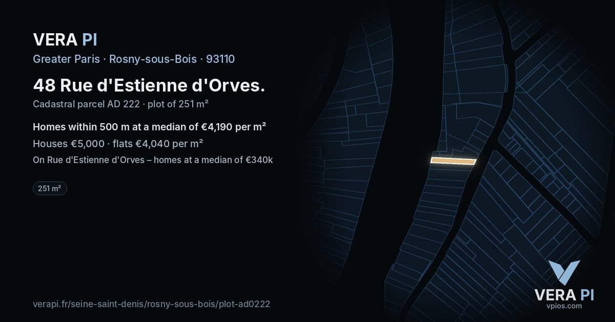 48 Rue d'Estienne d'Orves, Rosny-sous-Bois at night – the plot lit, the parcels around coloured by the prices near them