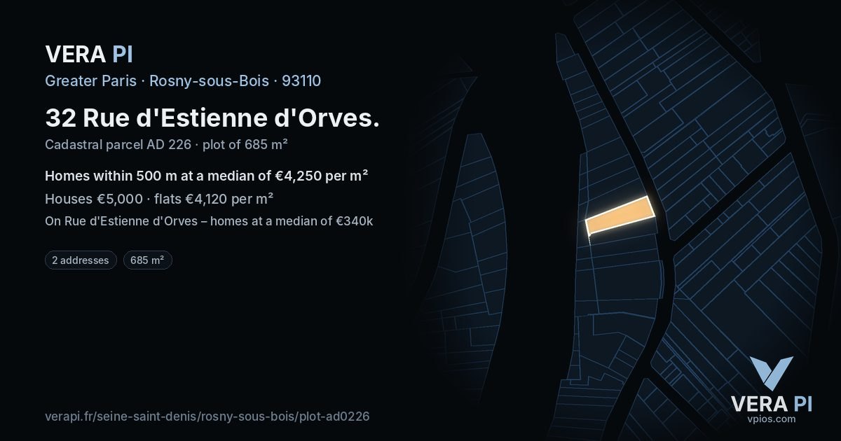32 Rue d'Estienne d'Orves, Rosny-sous-Bois at night – the plot lit, the parcels around coloured by the prices near them