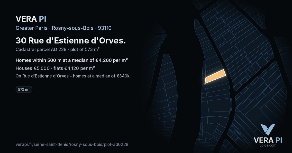 30 Rue d'Estienne d'Orves, Rosny-sous-Bois at night – the plot lit, the parcels around coloured by the prices near them
