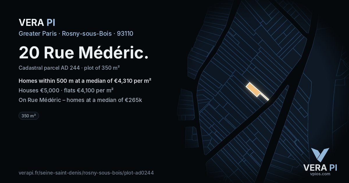 20 Rue Médéric, Rosny-sous-Bois at night – the plot lit, the parcels around coloured by the prices near them