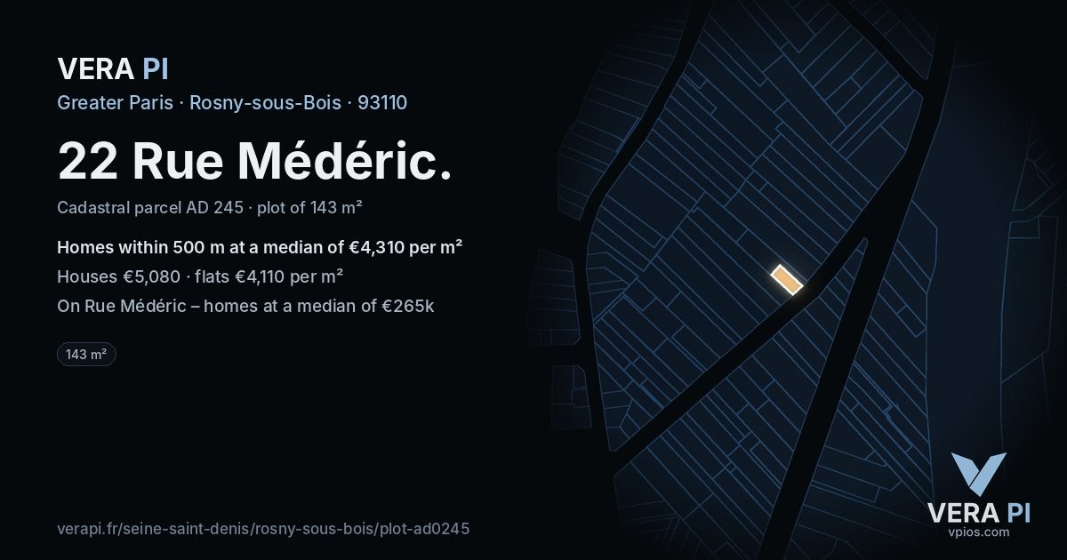 22 Rue Médéric, Rosny-sous-Bois at night – the plot lit, the parcels around coloured by the prices near them