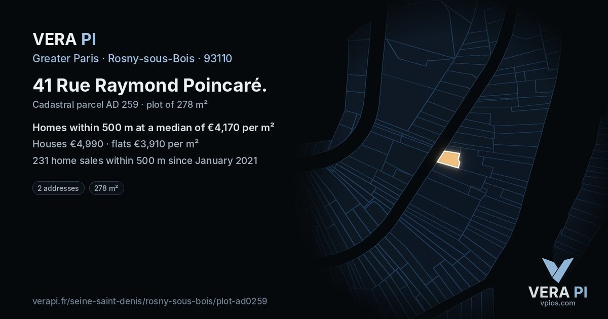 41 Rue Raymond Poincaré, Rosny-sous-Bois at night – the plot lit, the parcels around coloured by the prices near them