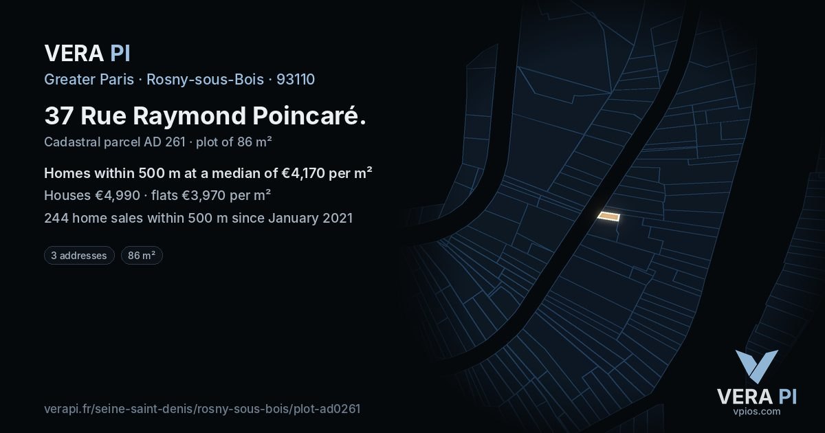 37 Rue Raymond Poincaré, Rosny-sous-Bois at night – the plot lit, the parcels around coloured by the prices near them