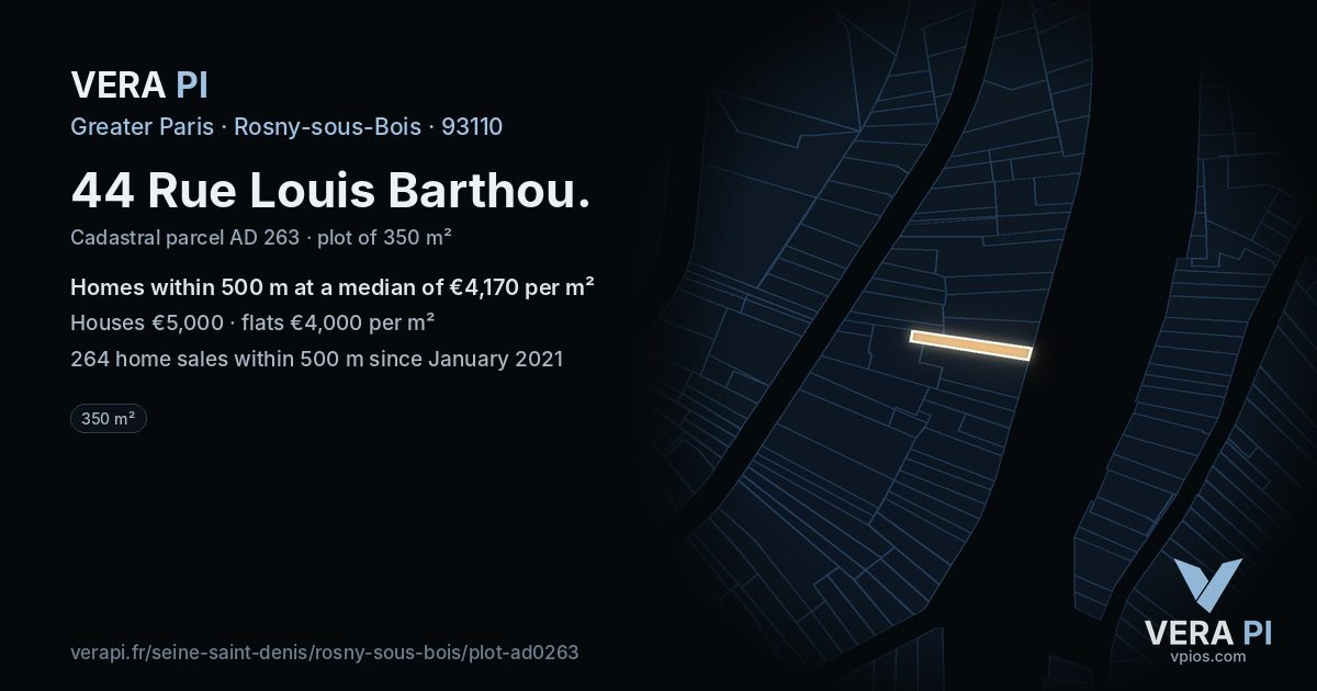 44 Rue Louis Barthou, Rosny-sous-Bois at night – the plot lit, the parcels around coloured by the prices near them